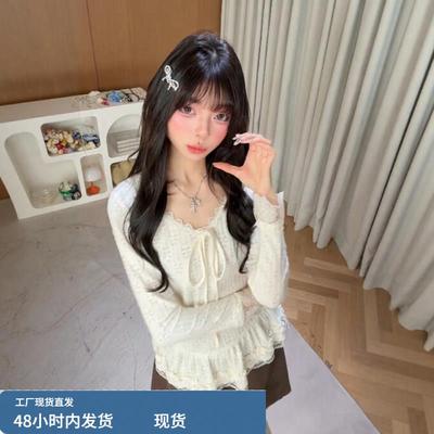韩系蝴蝶结V领长袖白色针织衫女秋冬高级感木耳边修身打底衫上衣