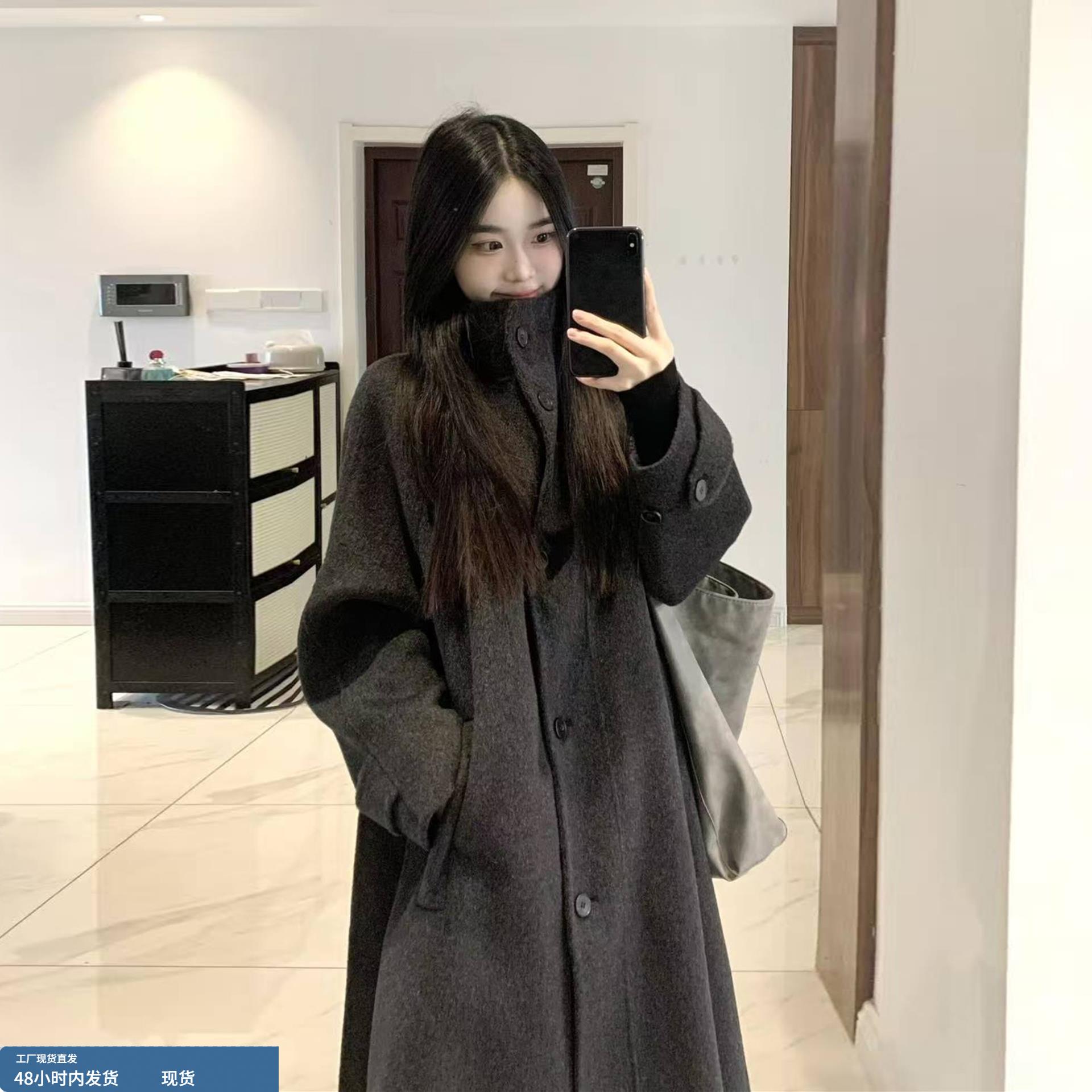 极简风灰色毛呢大衣女长款高级感