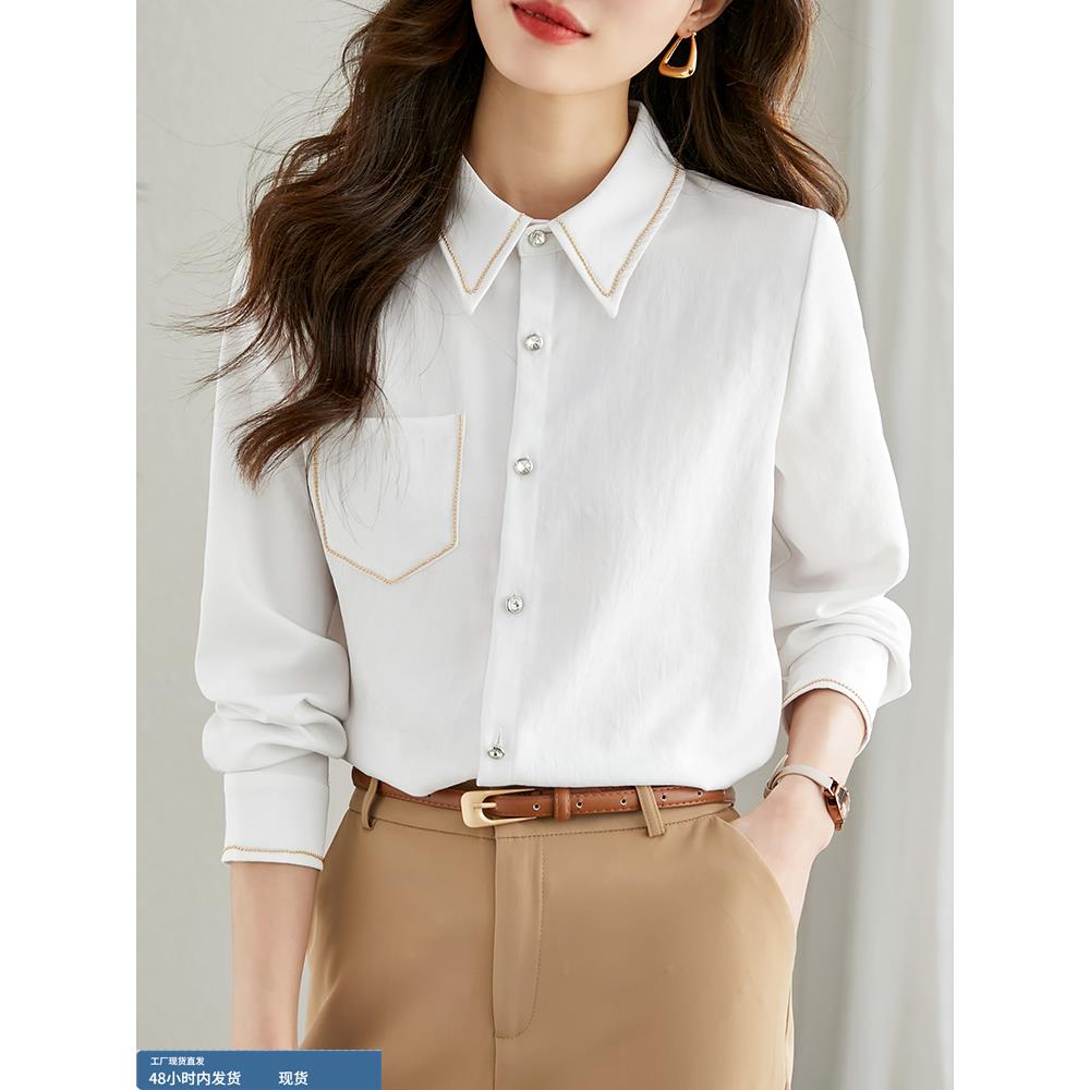 翻领白色衬衣女款2025新款爆款秋季气质小衫设计感职业长袖上衣女