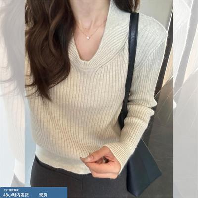 秋冬穿搭V领修身针织打底衫女内搭秋冬巨好看可外穿加厚韩系上衣