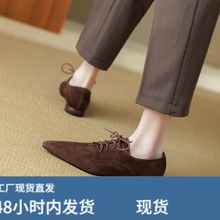 法式复古系带深口单鞋女春秋磨砂羊皮尖头平底低帮裸靴大码41一43
