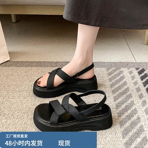 加宽大尺码女鞋5到45胖脚韩版厚底罗马凉鞋女夏外穿交叉带露趾增