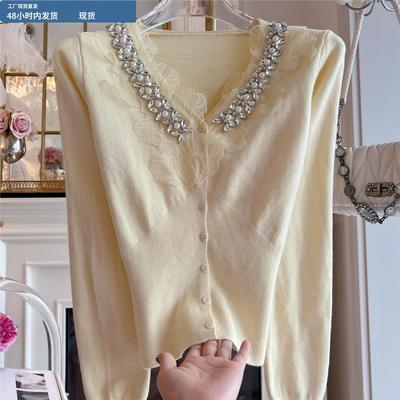 法式小众温柔风针织衫打底衫女巨好看设计感重工镶钻长袖v领毛衣