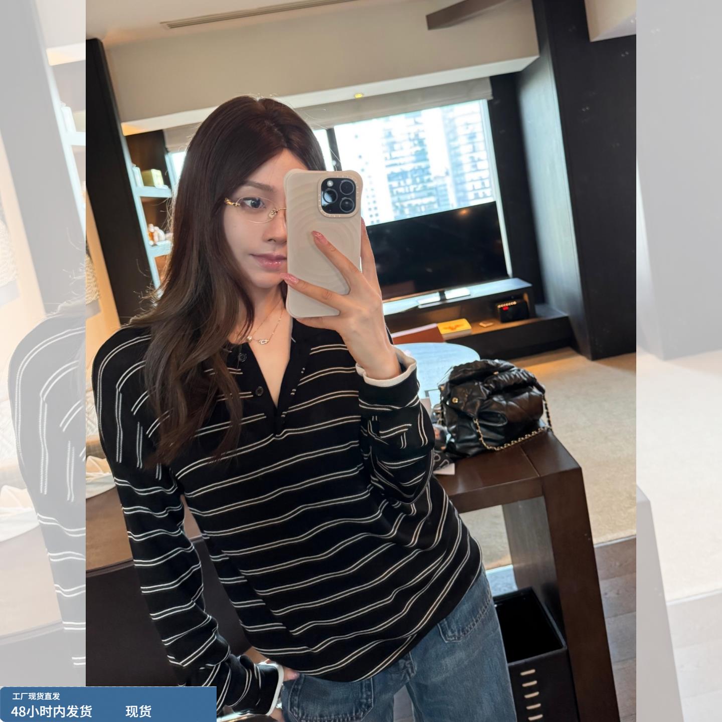 韩系条纹撞色polo翻领T恤女巨好看的早秋单穿高级感chic别致上衣