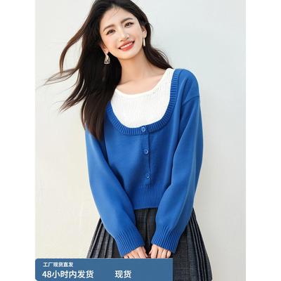 蓝色假两件针织衫女2025秋季新款套头毛衣小个子时尚短款内搭上衣