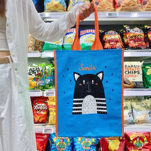厚实猫咪蓝色编织袋购物袋环保卡卡通高颜值买菜手提袋子结实耐用