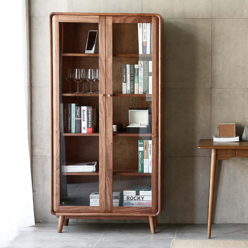 黑胡桃玻璃门书柜新款北欧现代日式实木定制客厅书房书架储物柜子