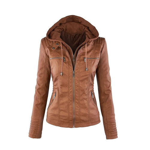 Jacket Women's Hood zipper coat Leather clothing 皮衣夹克女