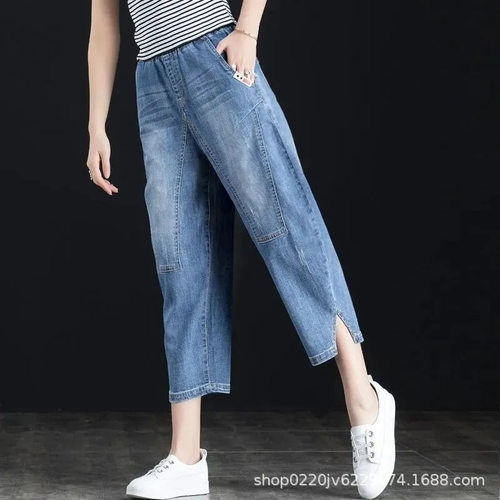 women's denim jeans elastic waist, large size jeans pants