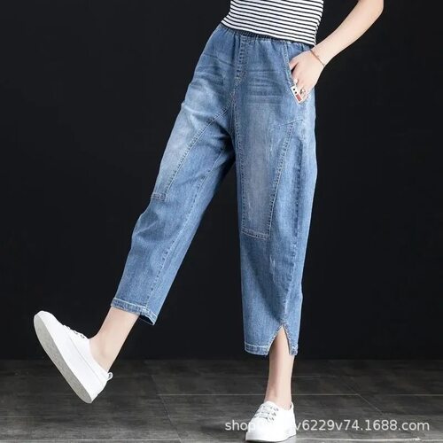 women's denim jeans girls elastic waist, large size pants