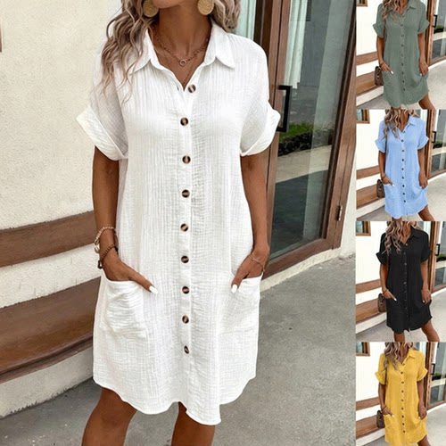 New women's summer V-neck cotton linen dress shirt skirt