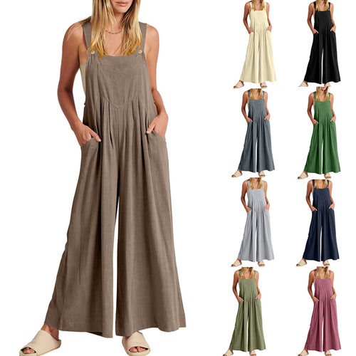 New women's loose casual cotton and linen overalls jumpsuit
