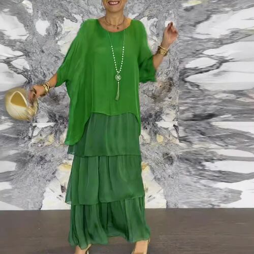 womens Fashion Chiffon Mesh Long Dress Cake Skirt Bat Sleeve