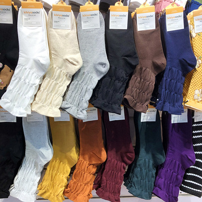 韩国花边纯色袜子kikiya女袜秋冬新款日系松边长棉袜中筒