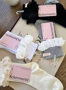 四季中筒女棉袜洛丽塔宫廷风白色蕾丝花边ACKERMENTZ韩国