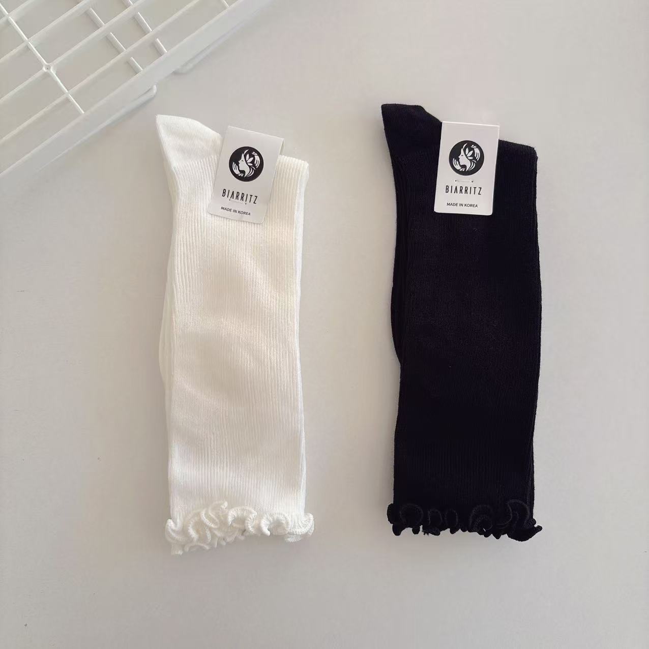 韩国BIARRITZ袜子东大门纯色木耳边女袜简约百搭ins风棉袜