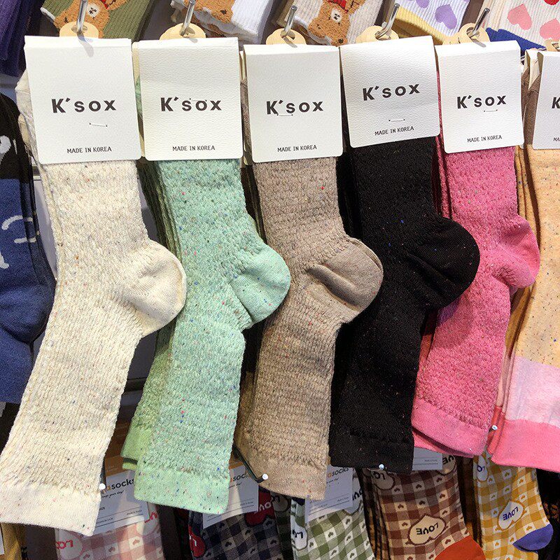 韩国东大门袜子迷彩小点高弹力女袜KSOX秋冬新款中筒袜纯色长棉袜