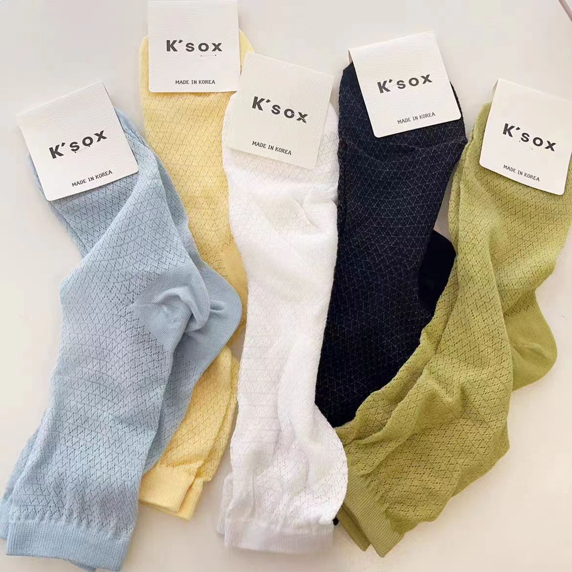 春夏中筒薄棉女袜通勤简约彩色网眼透气柔软KSOX韩国