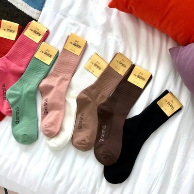 现货东大门秋堆堆女棉袜时尚简约纯色成人高帮彩袜MARCA韩国袜