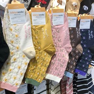 袜子浮雕感花朵女士棉袜时尚 新款 韩国秋季 拼色文艺风中筒 现货
