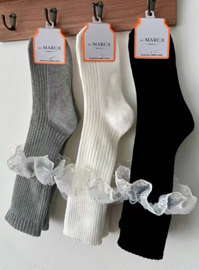韩国袜子秋女士时装堆堆袜复古白色蕾丝花边小腿袜MARCA