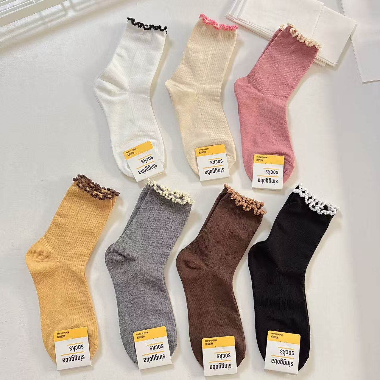 韩国花边袜子东大门新款拼色木耳边甜美少女中筒袜四季棉袜女袜