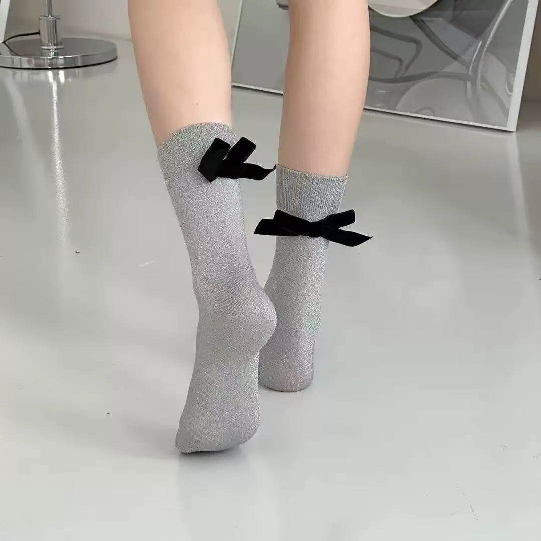 韩国东大门新款丝绒蝴蝶结芭蕾风少女亮丝袜子潮流时尚中筒丝袜