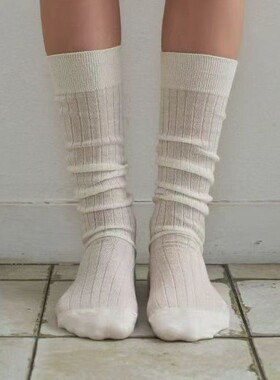 韩国BIARRITZ奶油色女袜春夏微透百搭高筒袜日系黑色堆堆长筒袜女