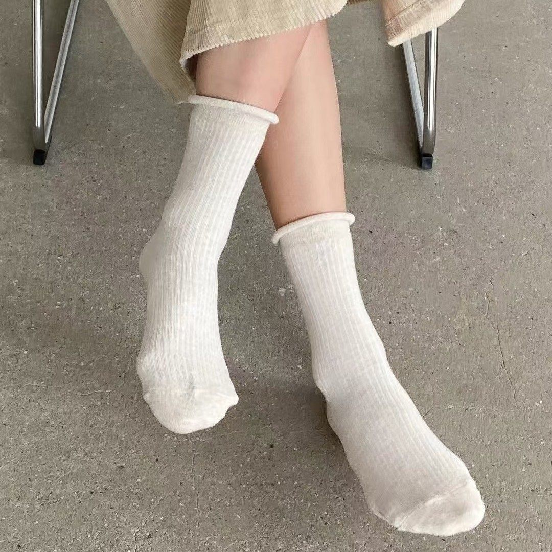 韩国东大门女袜Nabiya新款糖果纯色竖条纹坑条网红潮搭卷边中筒袜