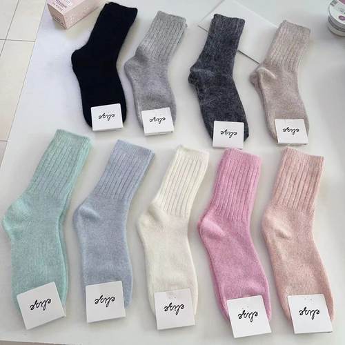 韩国东大门女袜 KSOX秋冬纯色兔羊毛混纺中筒袜 冬季加厚保暖袜子