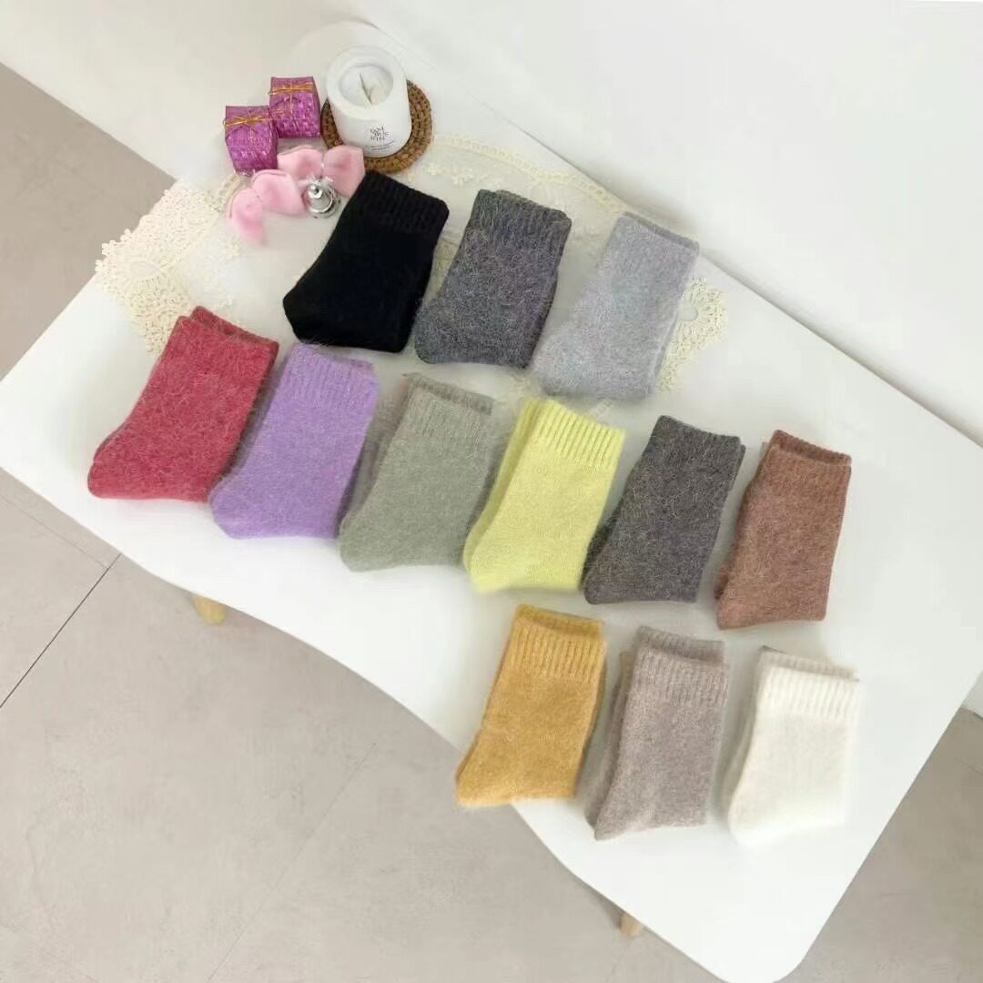 韩国ksox冬季保暖袜东大门兔羊毛混纺纯色雪花白中筒袜女袜厚袜子
