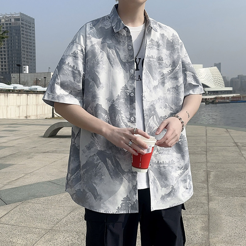 C324短袖衬衫男夏季新款港风宽松印花衬衣P35,男装T恤,电商A056