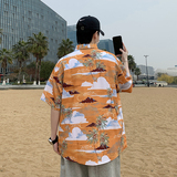 港风短袖衬衫男士丝光棉免烫花衬衣男胖子宽松印花半袖7230P35，男装T恤，电商A056