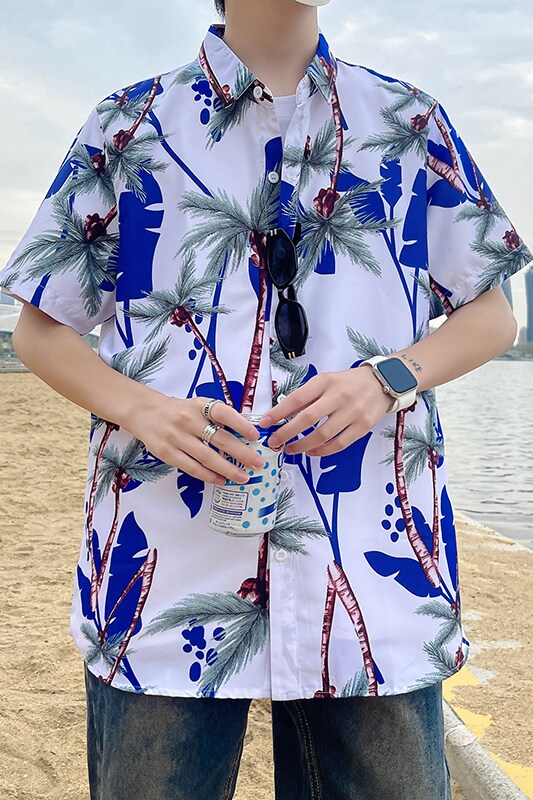 C336夏季短袖花衬衫男夏威夷风海边沙滩美式衬衣薄款透气P35,男装衬衫,电商A056