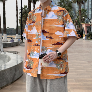 港风短袖衬衫男士丝光棉免烫花衬衣男胖子宽松印花半袖7230P35,男装T恤,电商A056