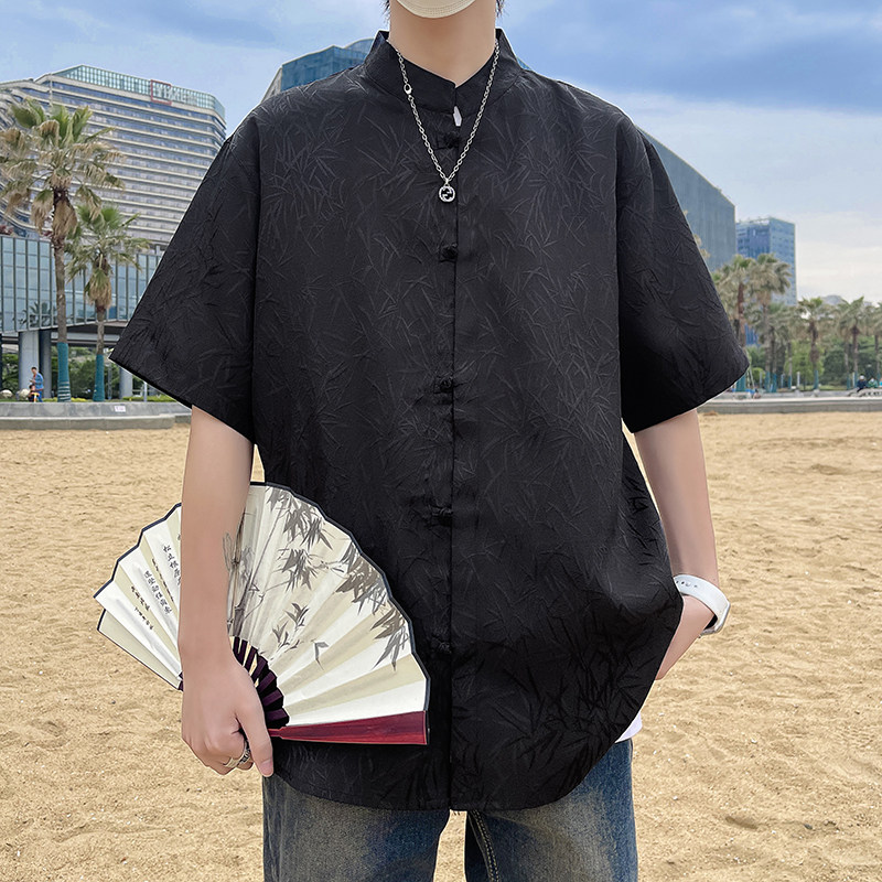 竹叶提花抖音款百搭2025春新中式短袖汉服盘扣衬衫C338P45,男装衬衫,电商A056