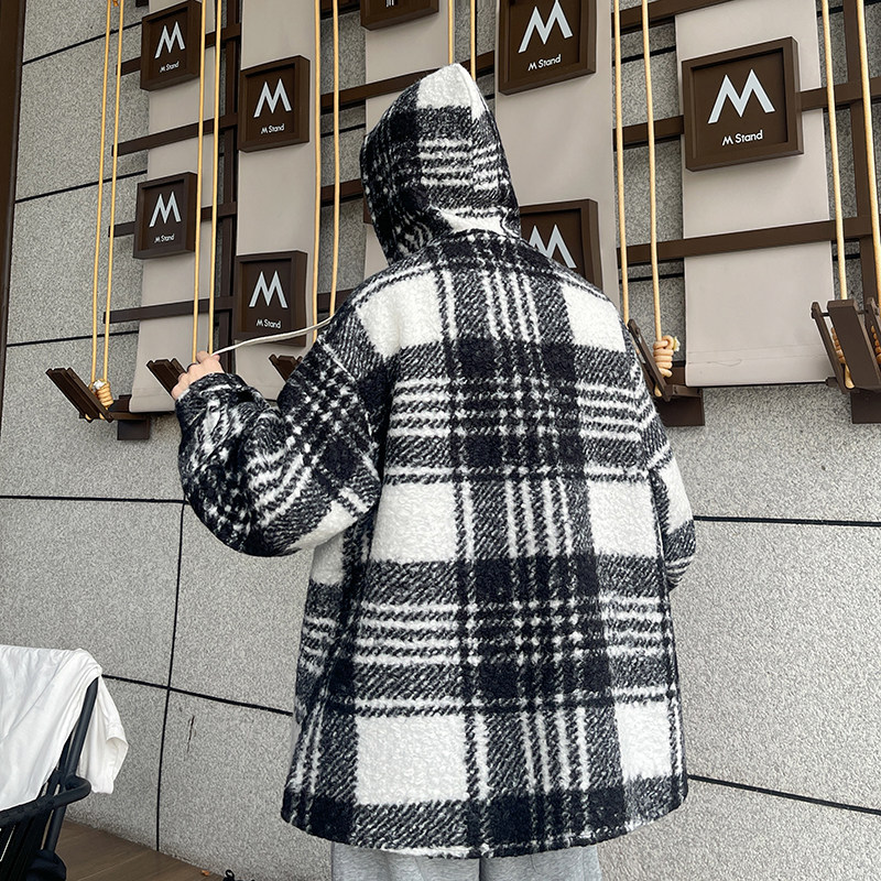 秋冬圈圈毛情侣装夹克呢料加厚格子港风连帽衬衫外套A056-5740P60,男装夹克,电商A056