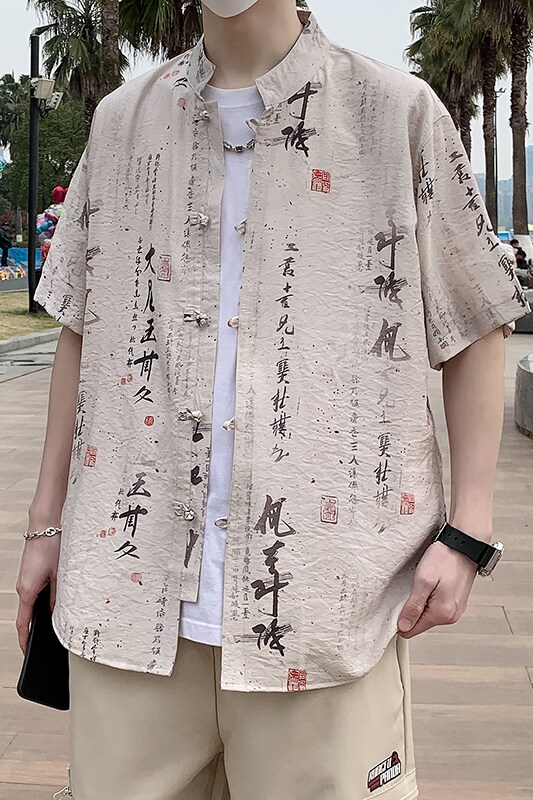 风男士夏季薄款复古盘扣汉服五分袖衬衣新中式男装7006,男装T恤,电商A056