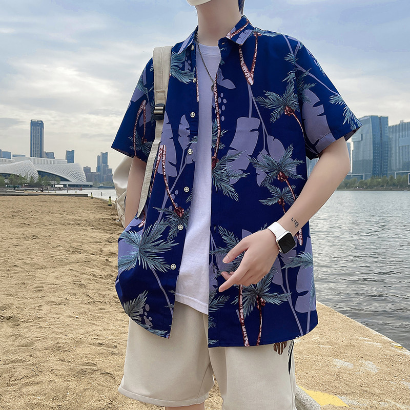 C336夏季短袖花衬衫男夏威夷风海边沙滩美式衬衣薄款透气P35,男装衬衫,电商A056
