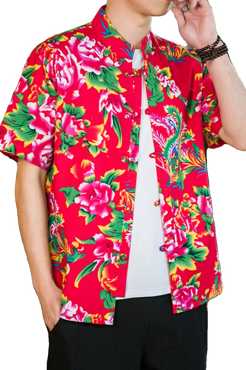 风牡丹花东北大花盘扣男休闲复古短袖潮衬衫A056-C138P35,商品下架区,电商A056