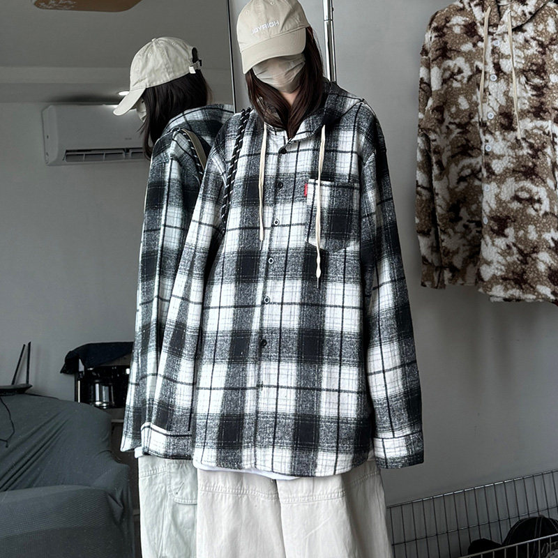 秋冬磨毛加厚格子休闲衬衫外套呢料男连帽衬衫夹克A056-5710P55,男装夹克,电商A056