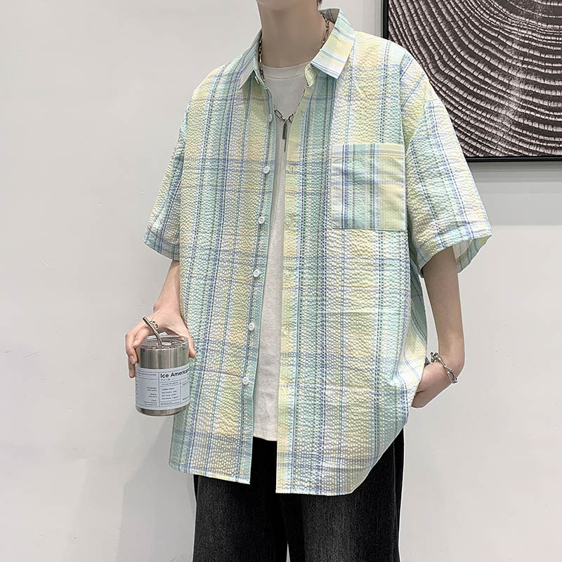 格子衬衫男士新款休闲日系短袖条纹衬衣帅气外套A056-C198P45,男装T恤,电商A056