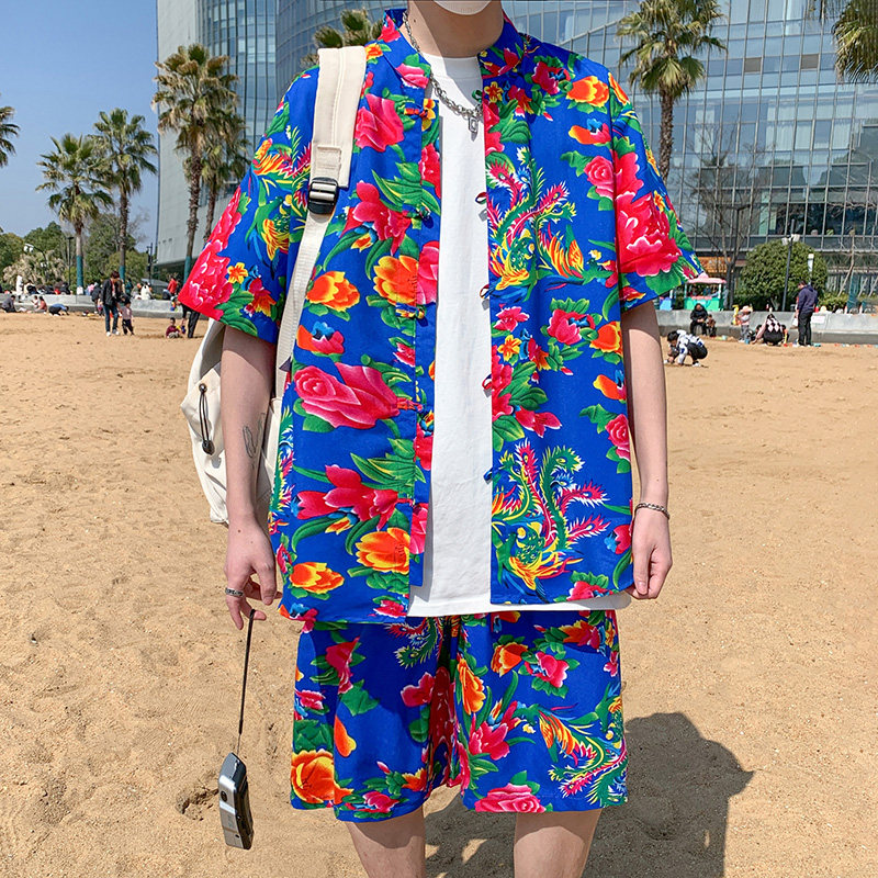 东北大花风复古盘口短袖衬衫+休闲中裤C138套装特P50,男装T恤,电商A056