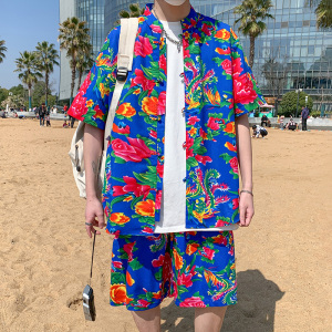 东北大花风复古盘口短袖衬衫+休闲中裤C138套装特P50图片