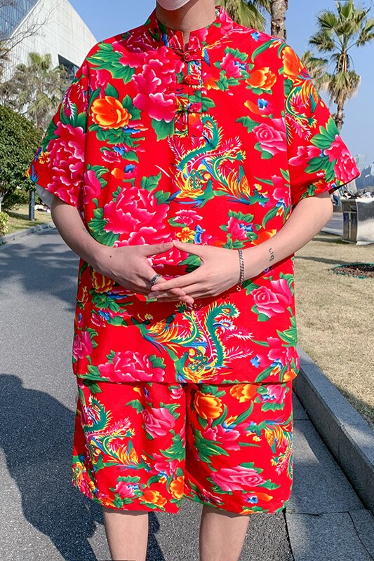 T203东北花三扣T恤盘扣宽松短袖套装特P45,男装T恤,电商A056