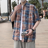 夏季新款短袖衬衫男蓝色格子时尚休闲破洞半袖衬衣7223P48，男装T恤，电商A056