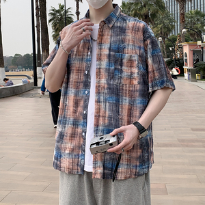 夏季新款短袖衬衫男蓝色格子时尚休闲破洞半袖衬衣7223P48图片