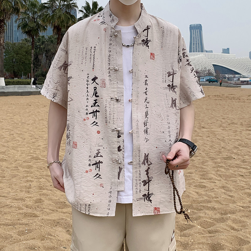 风男士夏季薄款复古盘扣汉服五分袖衬衣新中式男装7006,男装T恤,电商A056