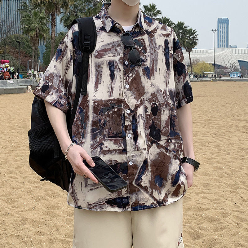 港风冰丝花衬衫短袖男夏威夷沙滩衬衣宽松休闲薄款外套7237P40,男装T恤,电商A056