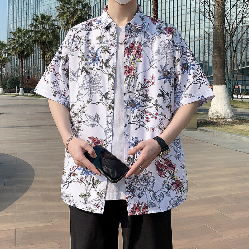 冰丝花衬衫短袖男夏威夷沙滩衬衣痞帅大码宽松休闲外套7232P35，男装T恤，电商A056